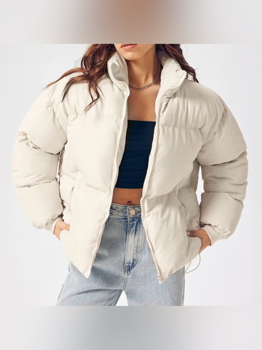 Cider Cream Zip Front Collared Puffer Jacket